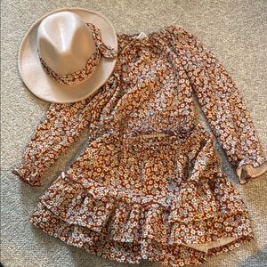 Floral Brown Kids Dress with Hat